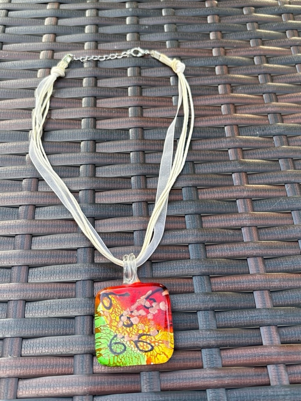 Source Unknown Red Yellow Green Glass Pendant Necklace